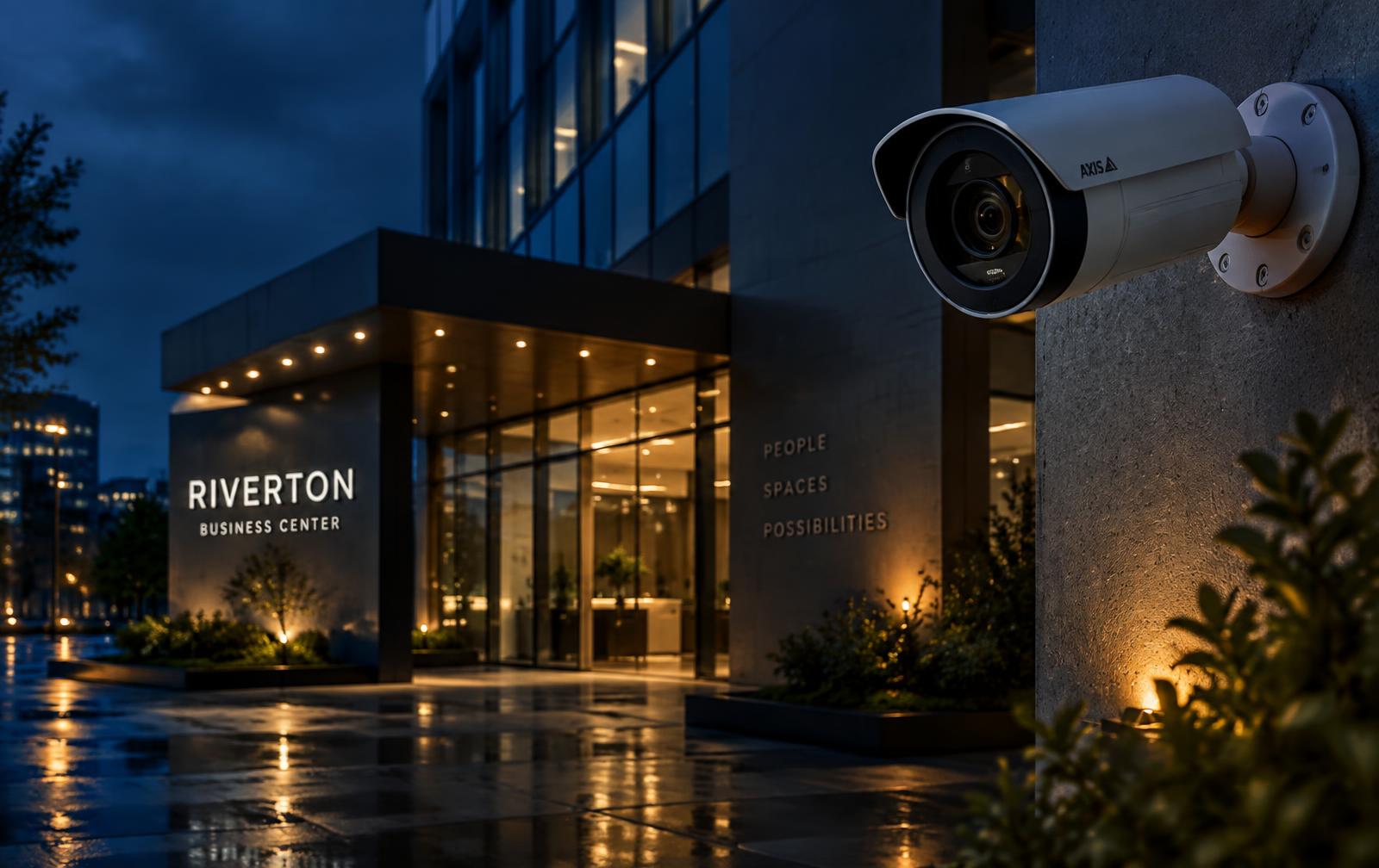 Security camera installed at a commercial building entrance at night